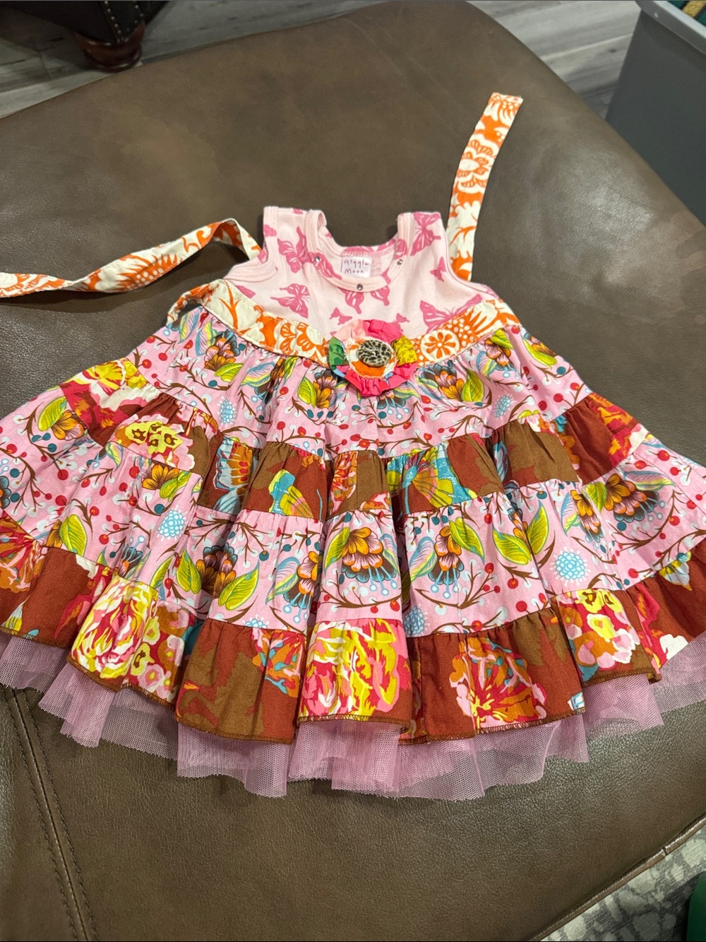 Giggle Moon Pink and Orange Floral Tiered Dress with Tulle Hem